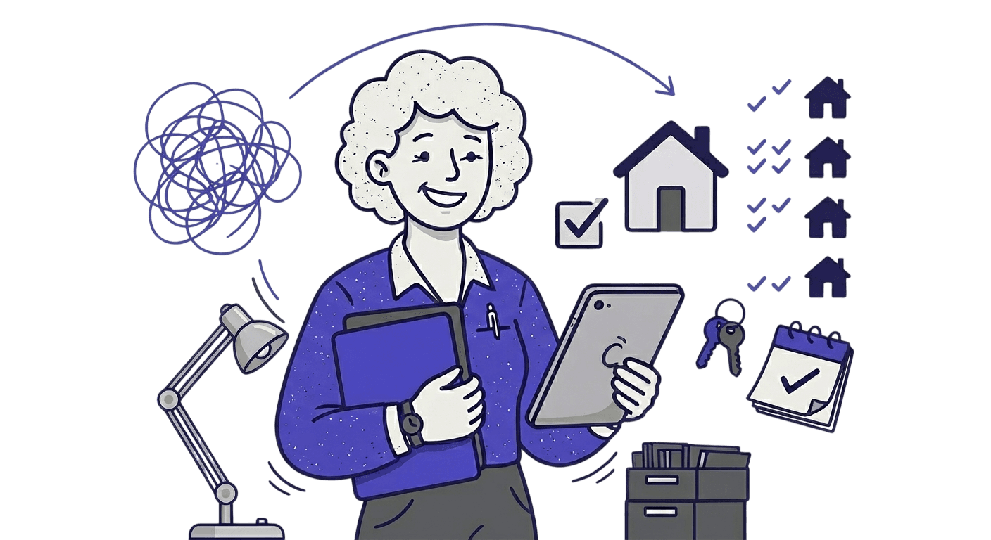 Ilustración: de la dispersión a la operación ordenada con casas y tareas bajo control